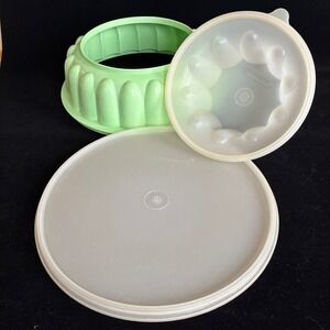 Vintage Tupperware 1202-1 Jello Mold 3 Piece Lime Green Gelatin Aspic Retro